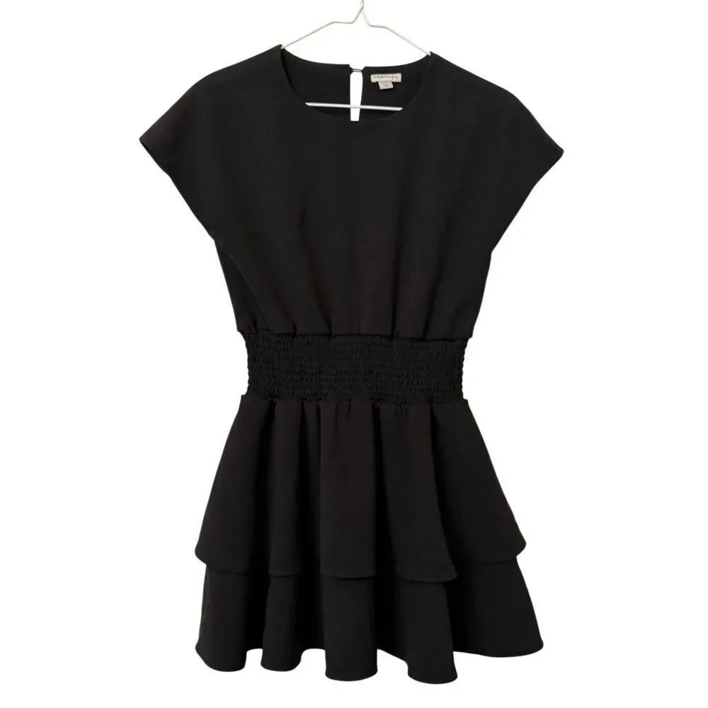 Habitual Kid Cap Sleeve Smocked Waist Tiered Ruffle Mini Dress Black Size 10